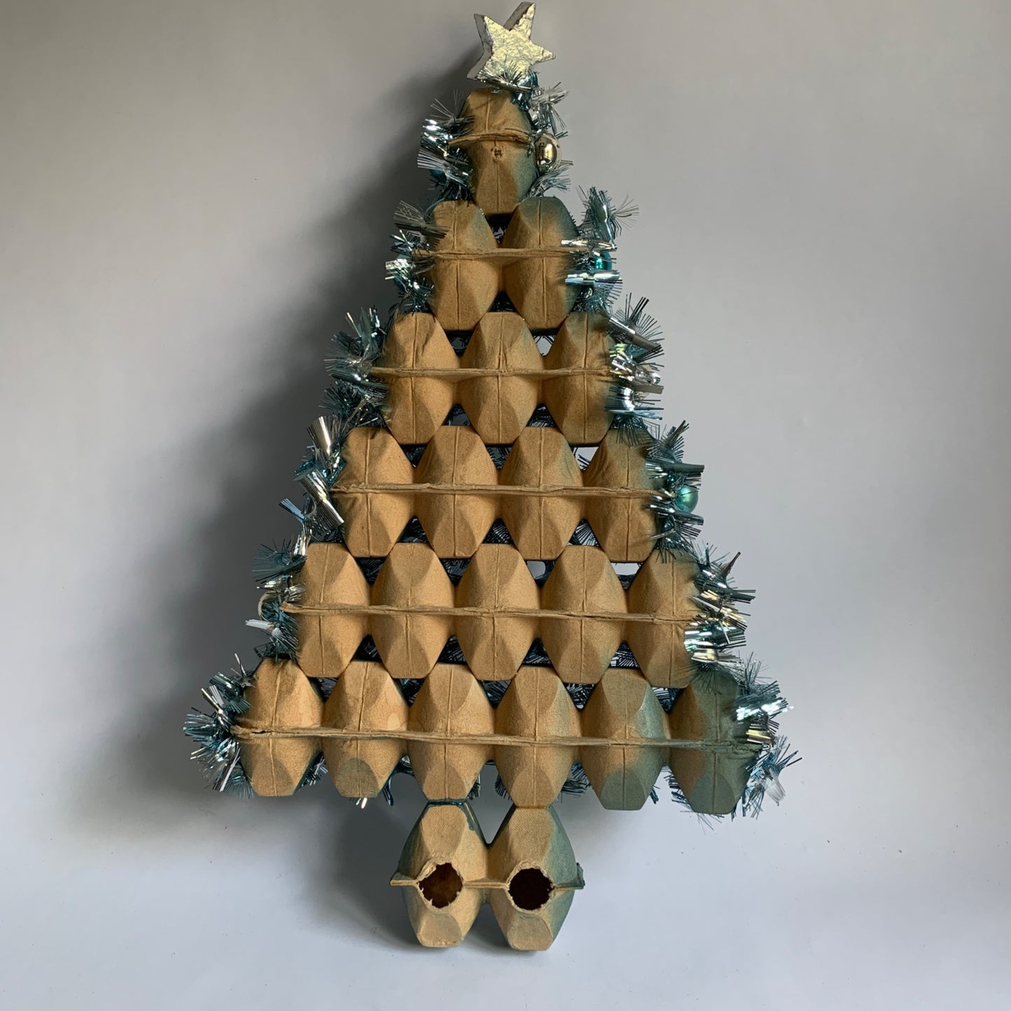 Vintage Christmas Tree Tinsel Egg Carton Tabletop Decor Blue Teal