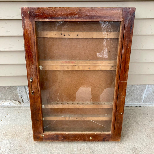 Vintage Wood Shop Tool Cabinet Drill Bit Holder Rack Glass Door DAMAGED
