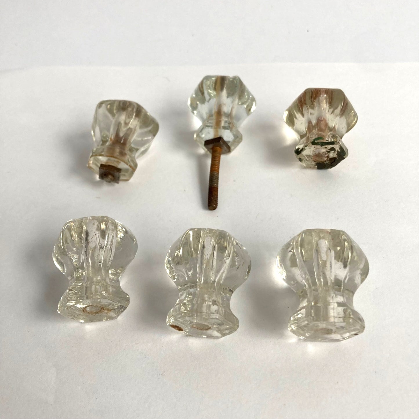 Lot of 6 Vintage Glass Drawer Pull Knobs Antique Clear Hexagon 1-1/4" x 1-1/8"