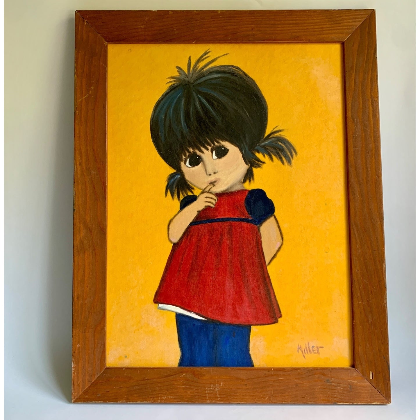 Vintage 1960s 1970s Large Big Eyed Eyes Girl Pigtails Painting Original Signed
