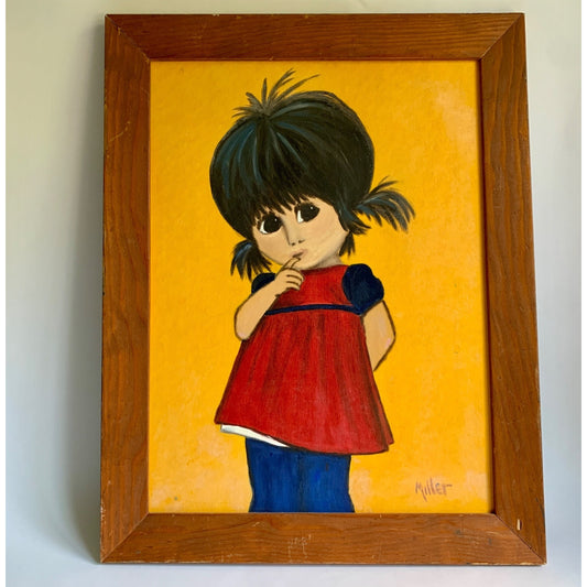Vintage 1960s 1970s Large Big Eyed Eyes Girl Pigtails Painting Original Signed