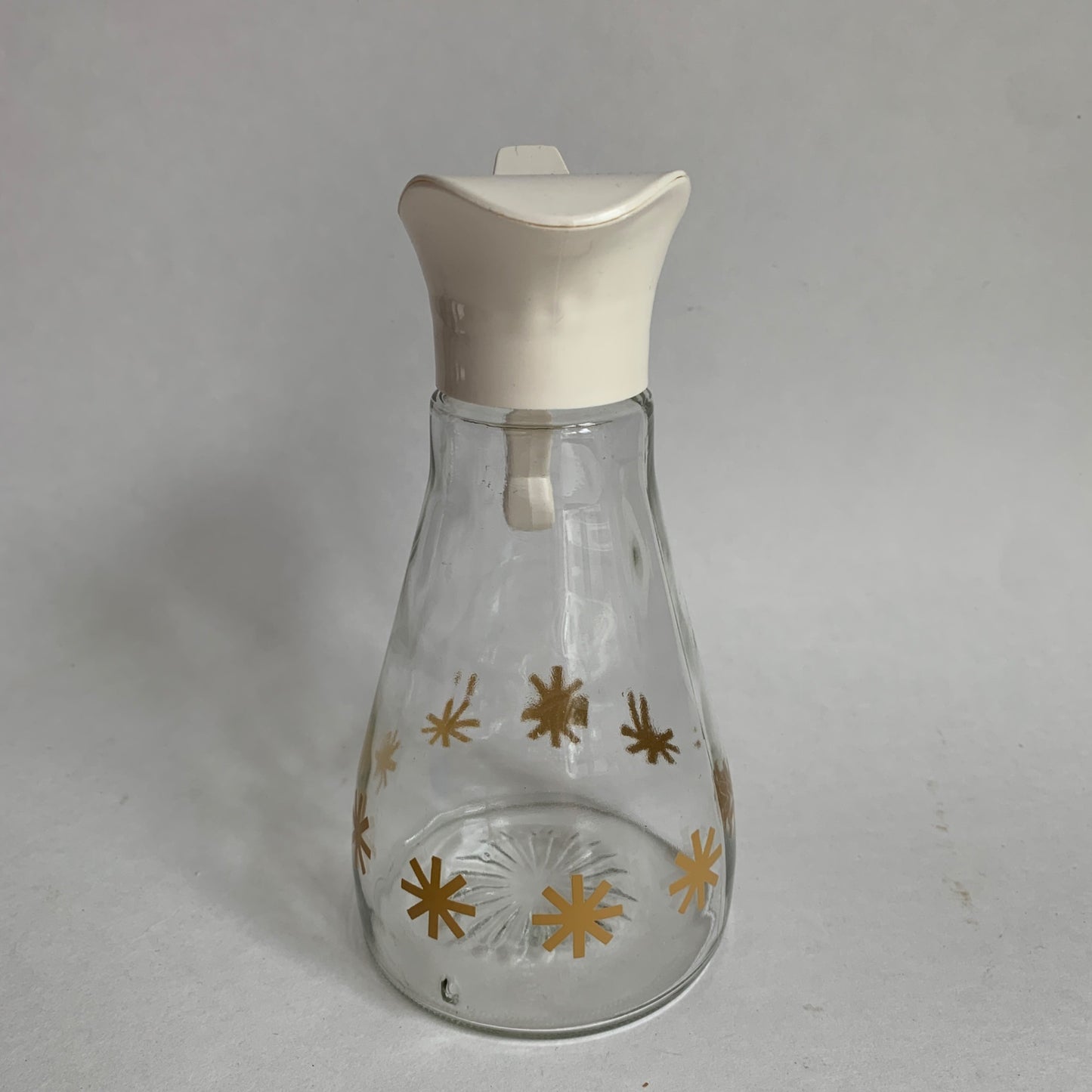 Vintage Log Cabin Syrup Pitcher MCM Gold Atomic Starburst Design Glass Dispenser