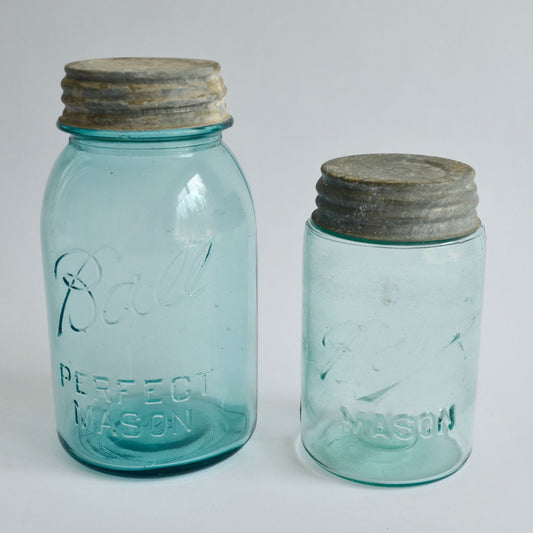 Ball Blue Canning Jars Zinc Lids Vintage Lot of 2 Mold #2 and Unknown