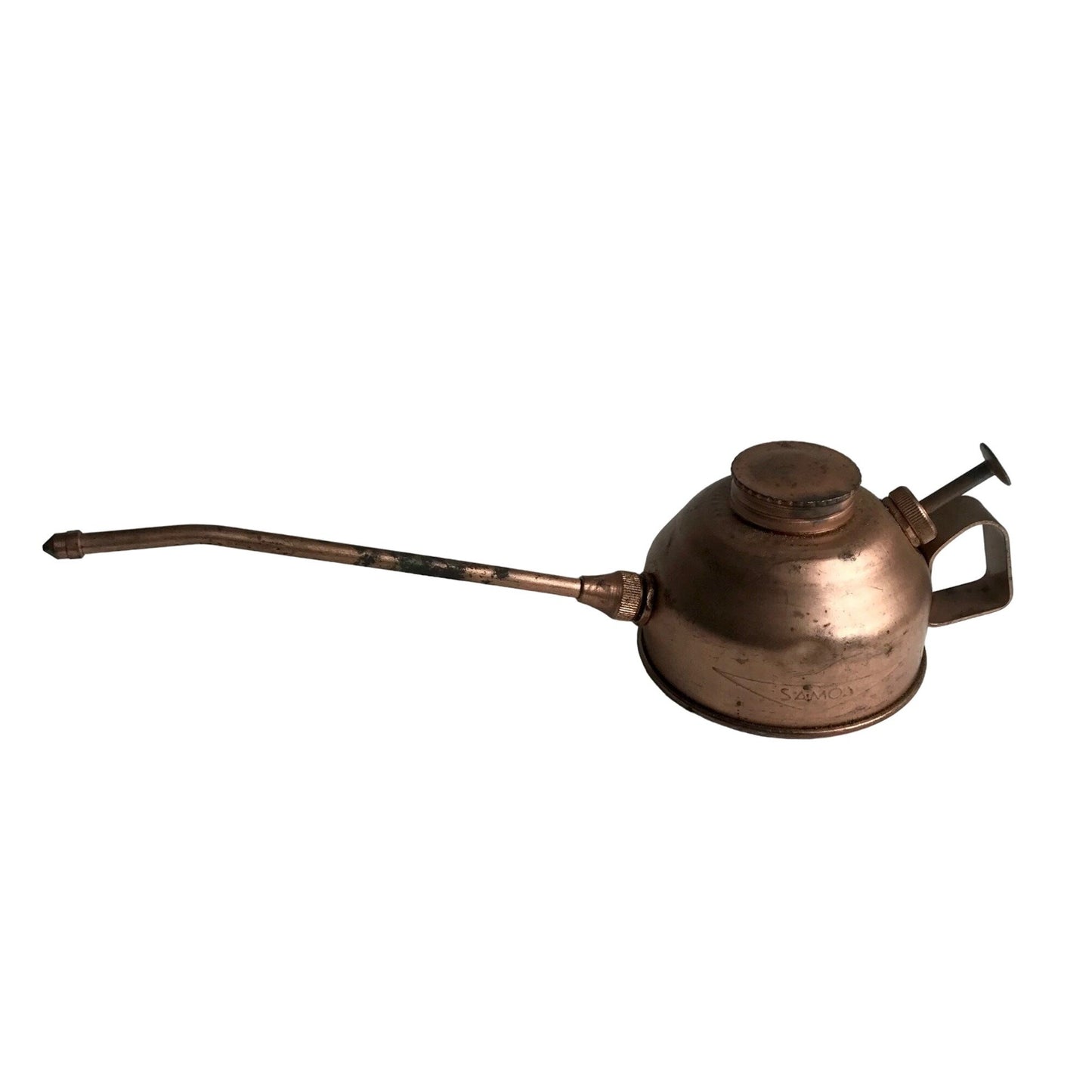 Vintage Samos Copper Oil Can Push Pump Oiler w/Long Spout