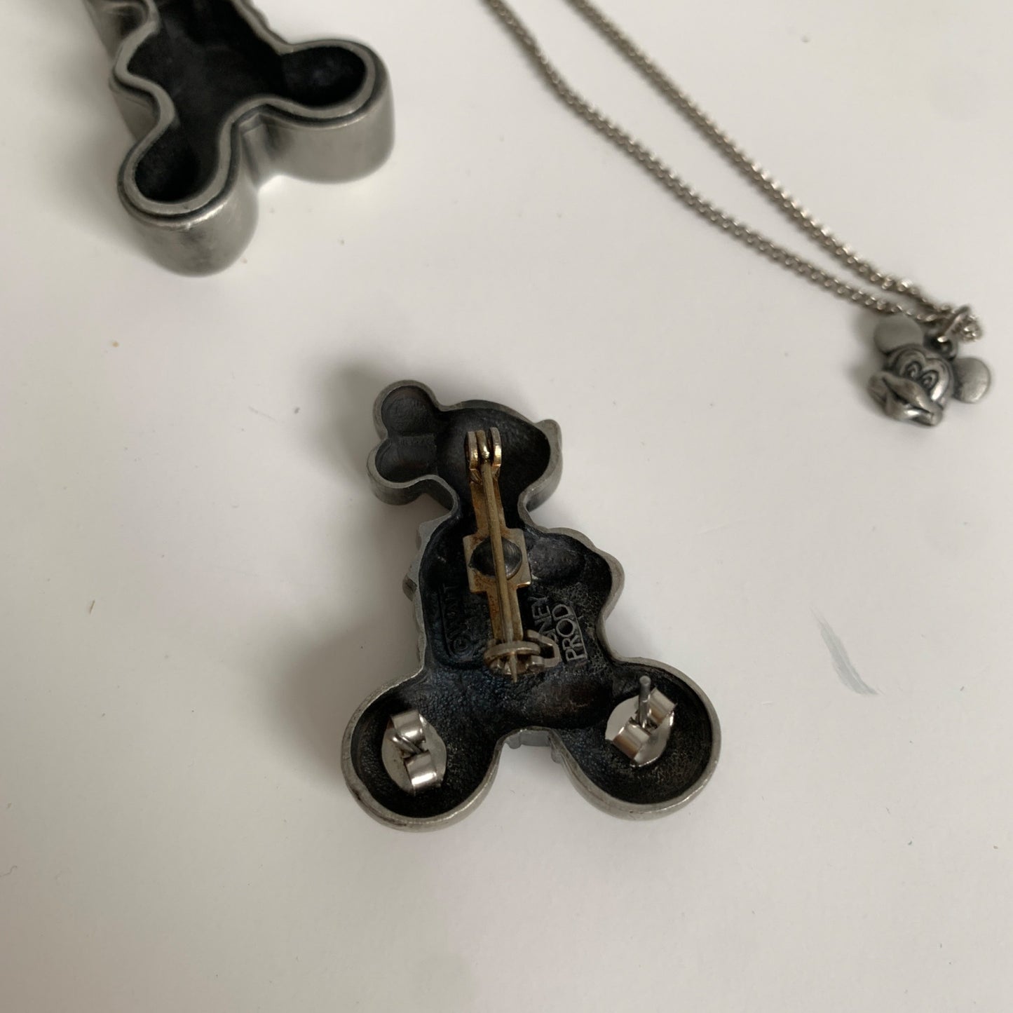 Vintage Mickey Mouse Pewter Necklace Earrings Brooch Pin Set