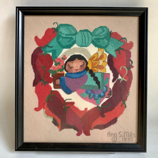 Vintage Ann Speiss Mills Needlepoint Framed Girl Peppers Wreath