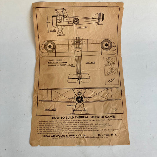 Vintage Ideal Aeroplane & Supply Co Sopwith Camel INSTRUCTIONS PLANS Antique