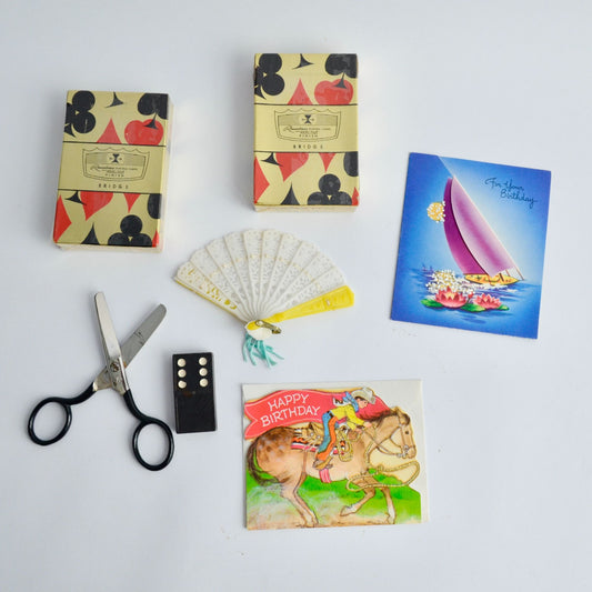 VINTAGE Junk Drawer Lot Playing Cards Sealed Scissors Fan Cards Domino