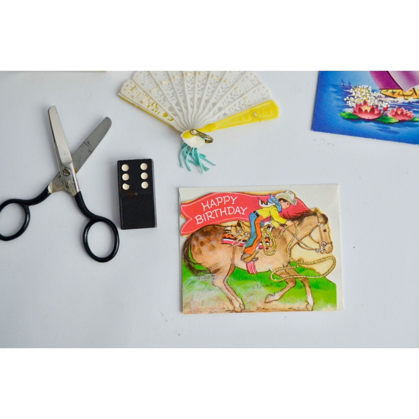 VINTAGE Junk Drawer Lot Playing Cards Sealed Scissors Fan Cards Domino