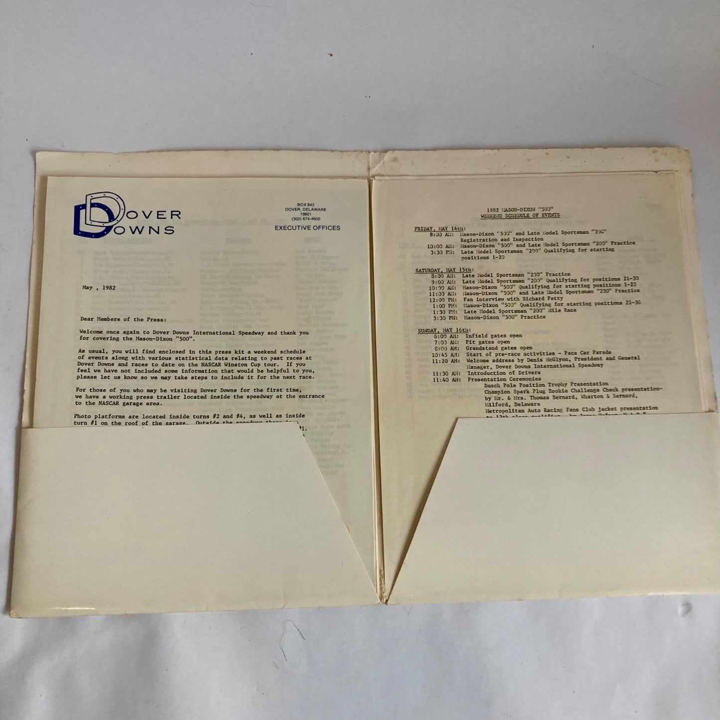 1982 NASCAR Winston Cup Press Kit Mason Dixon 500 Dover Downs Raceway Vintage