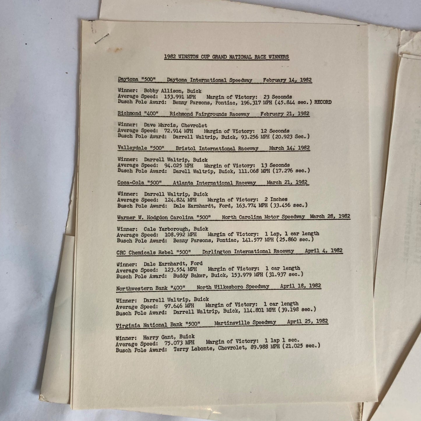 1982 NASCAR Winston Cup Press Kit Mason Dixon 500 Dover Downs Raceway Vintage