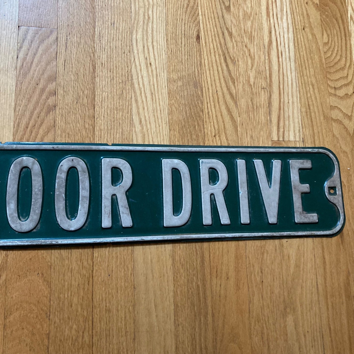 Vintage Street Sign LOCK MOOR DRIVE Green/White Embossed Letters 36"