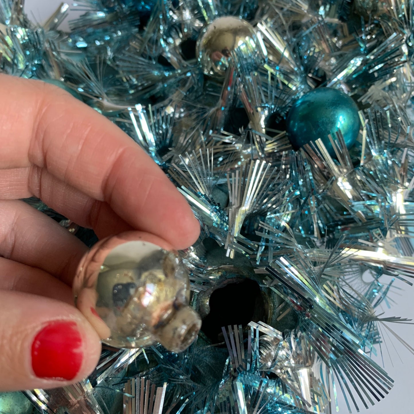 Vintage Christmas Tree Tinsel Egg Carton Tabletop Decor Blue Teal