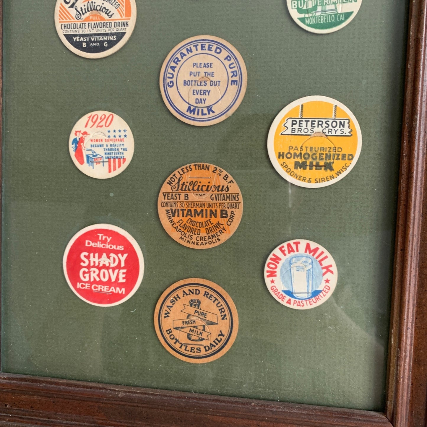 Vintage Framed Milk & Cream Bottle Caps Sage Green Background