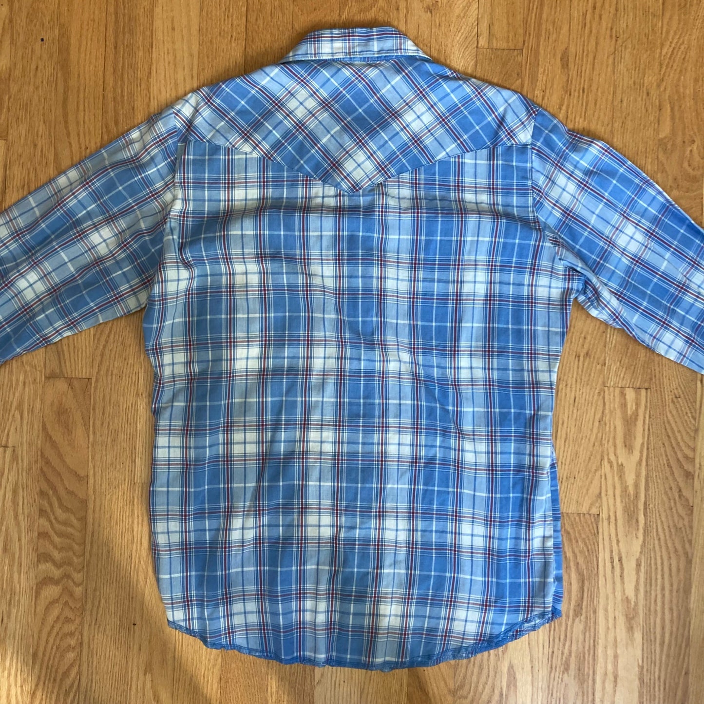Vintage Wrangler Long-Sleeve Western Shirt Pearl Snap Men's Blue Red White Plaid