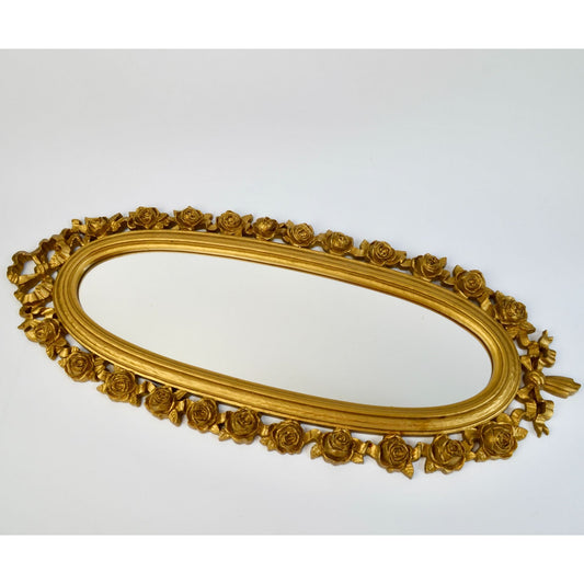 1970 Dart IND Vintage Gold Oval Rose Mirror Syroco ? Hollywood Regency