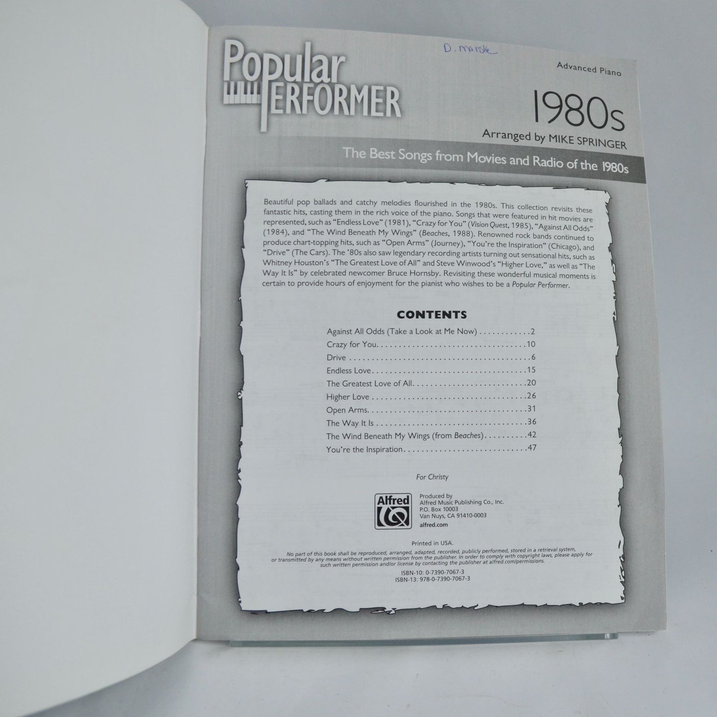 Popular Performer Series 1980s Best Songs Movies Radio Mike Springer Piano Book