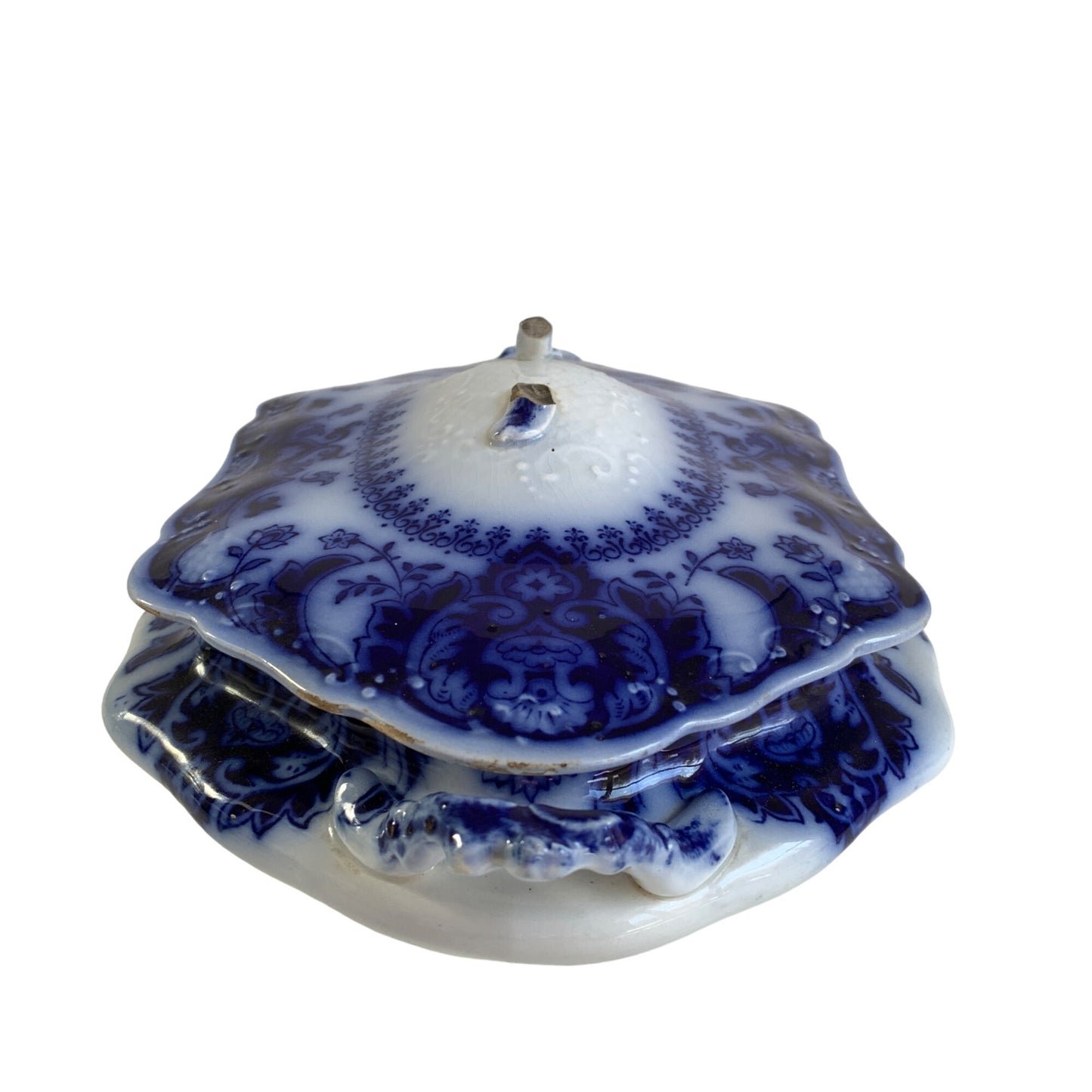 Florida Flow Blue Casserole Lidded Dish Johnson Bros BROKEN HANDLE
