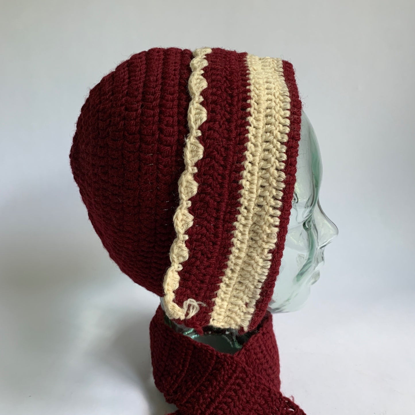 Vintage Women's Knit Hat & Small Scarf Set Maroon Cream