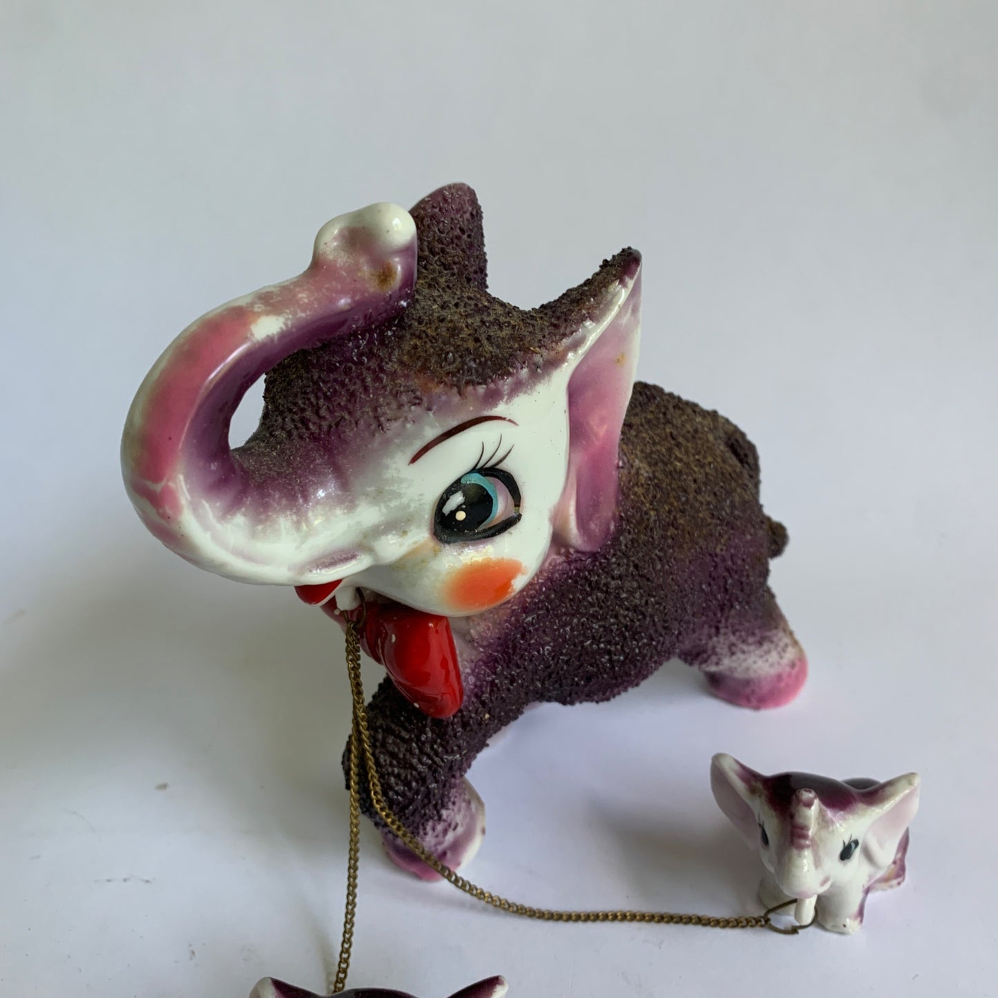 Vintage Mama Chained Babies Elephant Anthropomorphic Salt Glazed Purple