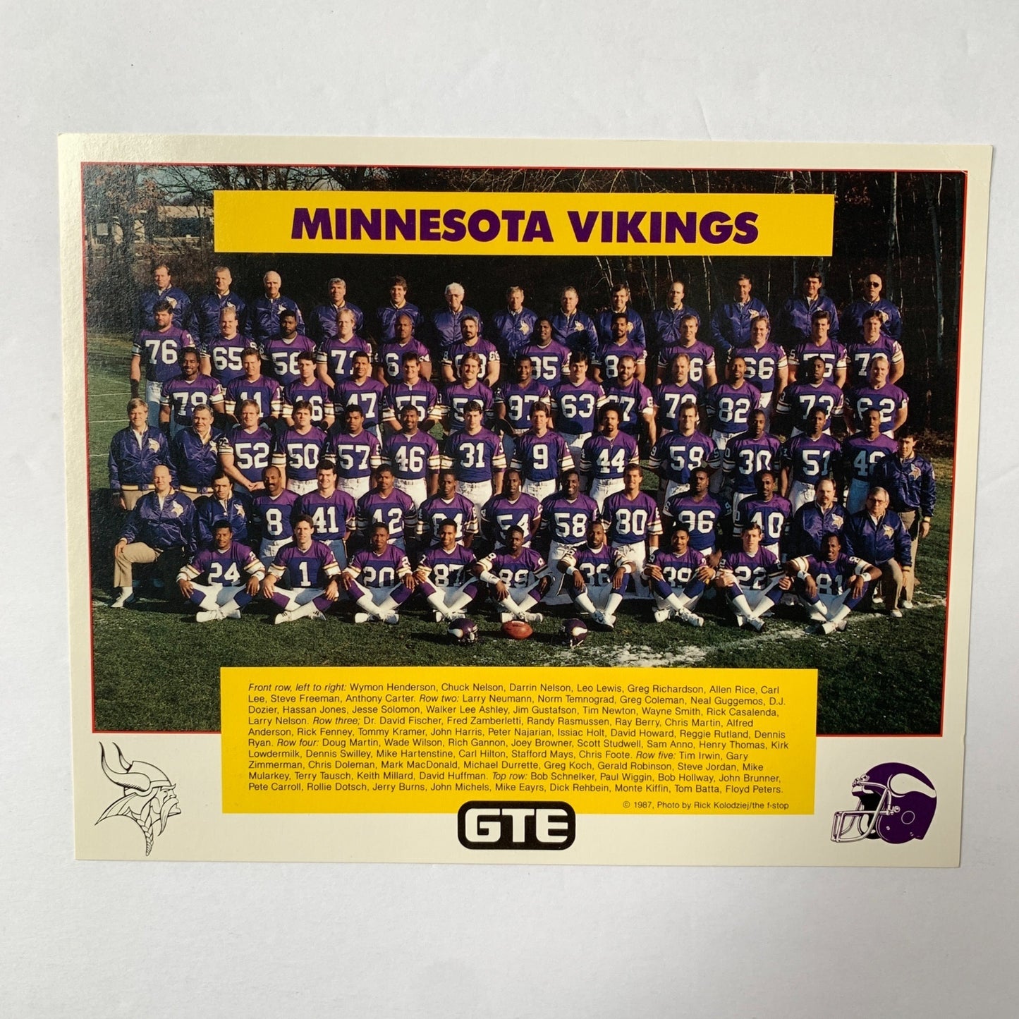 1987 Minnesota Vikings Team Photo Photograph 8 x 10