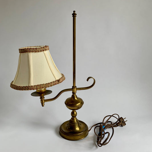 Vintage Brass Bridge Arm Lamp Desk Table WORKING with White Shade