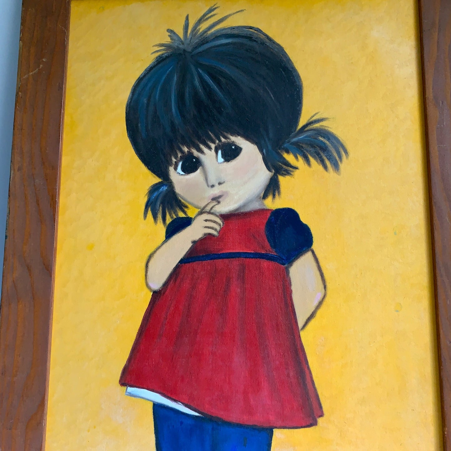 Vintage 1960s 1970s Large Big Eyed Eyes Girl Pigtails Painting Original Signed
