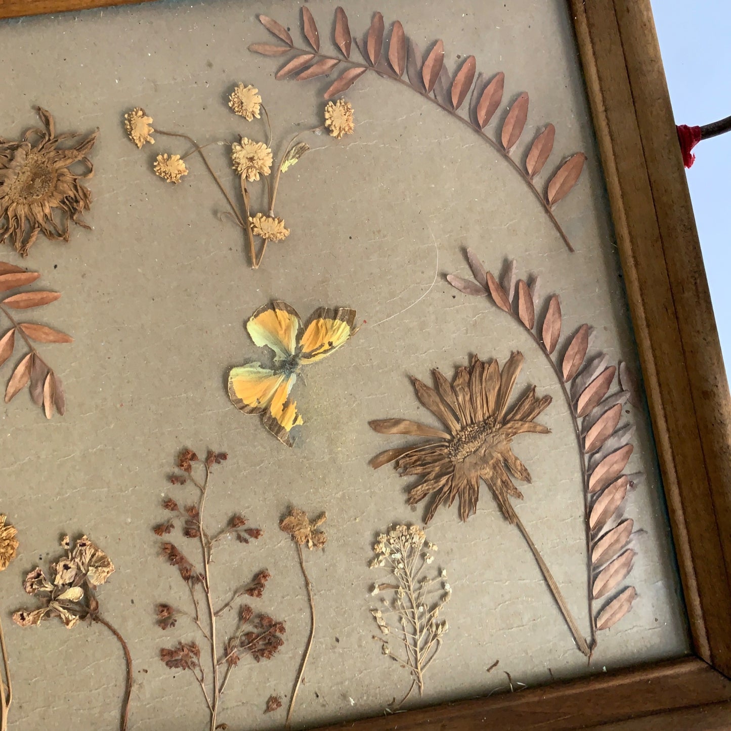 Vintage Wood Handled Serving Tray Pressed Flowers Butterfly Glass 1960s