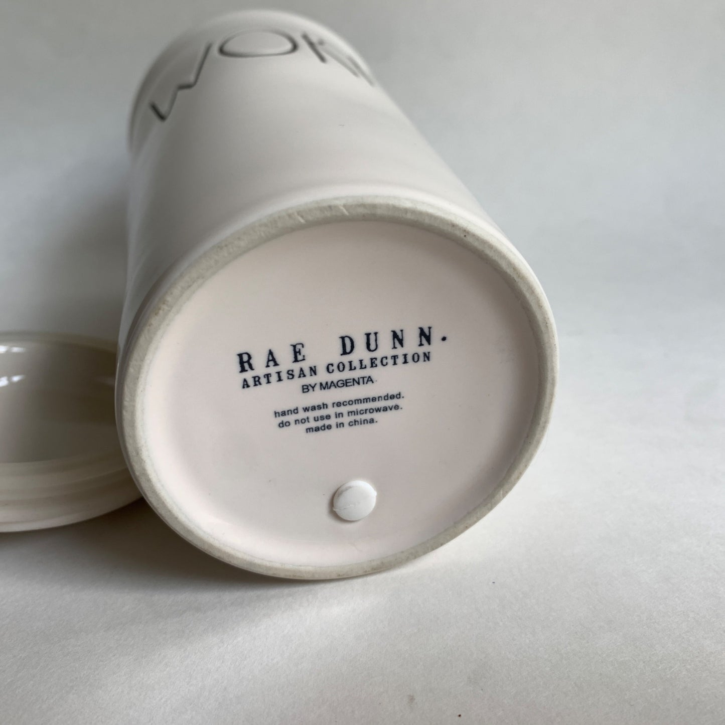 Rae Dunn White Ceramic WORK Travel Mug Lidded