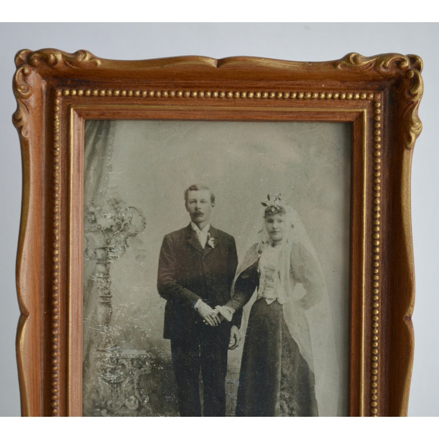 Vintage Bride & Groom Wedding Photo in 1970s Ornate Frame