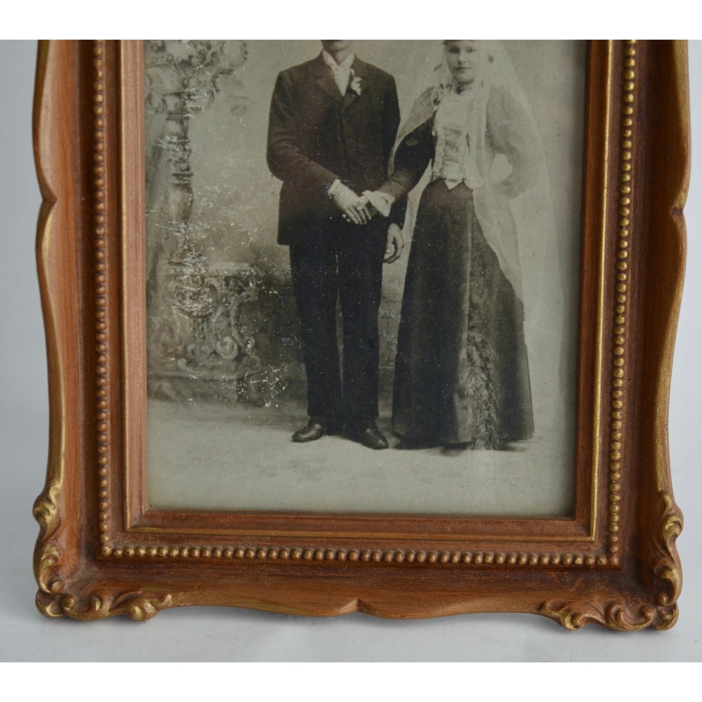 Vintage Bride & Groom Wedding Photo in 1970s Ornate Frame