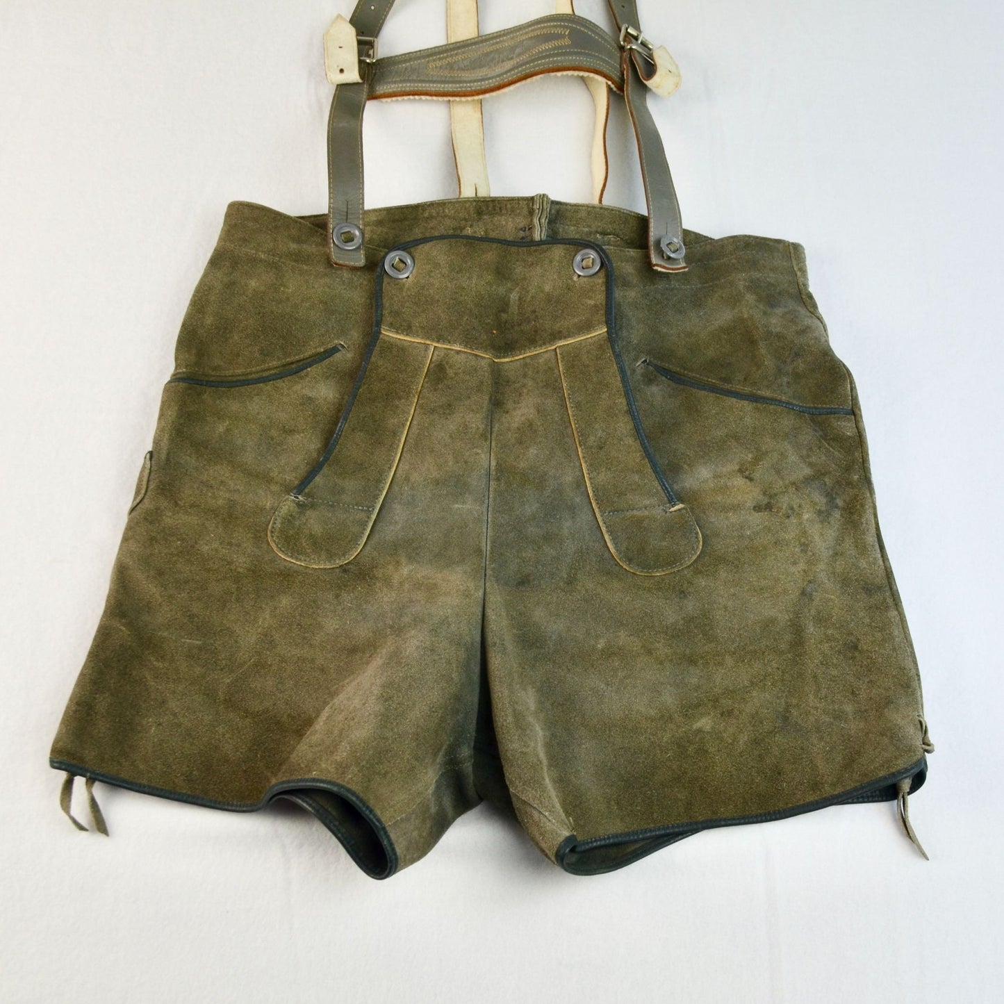 Lederhosen Men's Waist 33" Green Gray Vintage Suede Leather Suspenders Oktoberfest