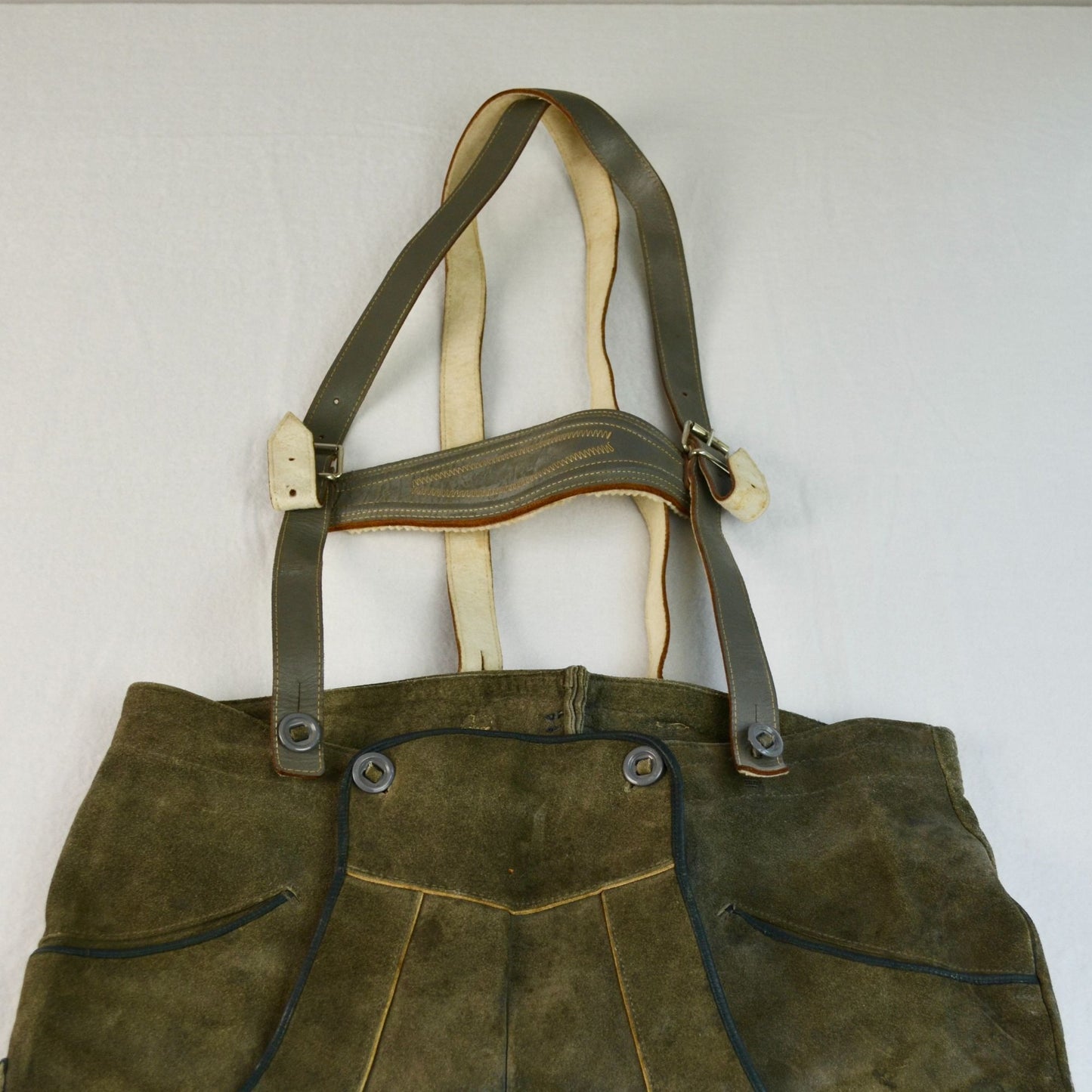 Lederhosen Men's Waist 33" Green Gray Vintage Suede Leather Suspenders Oktoberfest
