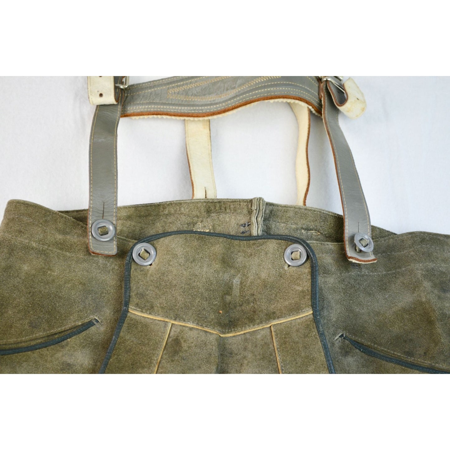 Lederhosen Men's Waist 33" Green Gray Vintage Suede Leather Suspenders Oktoberfest