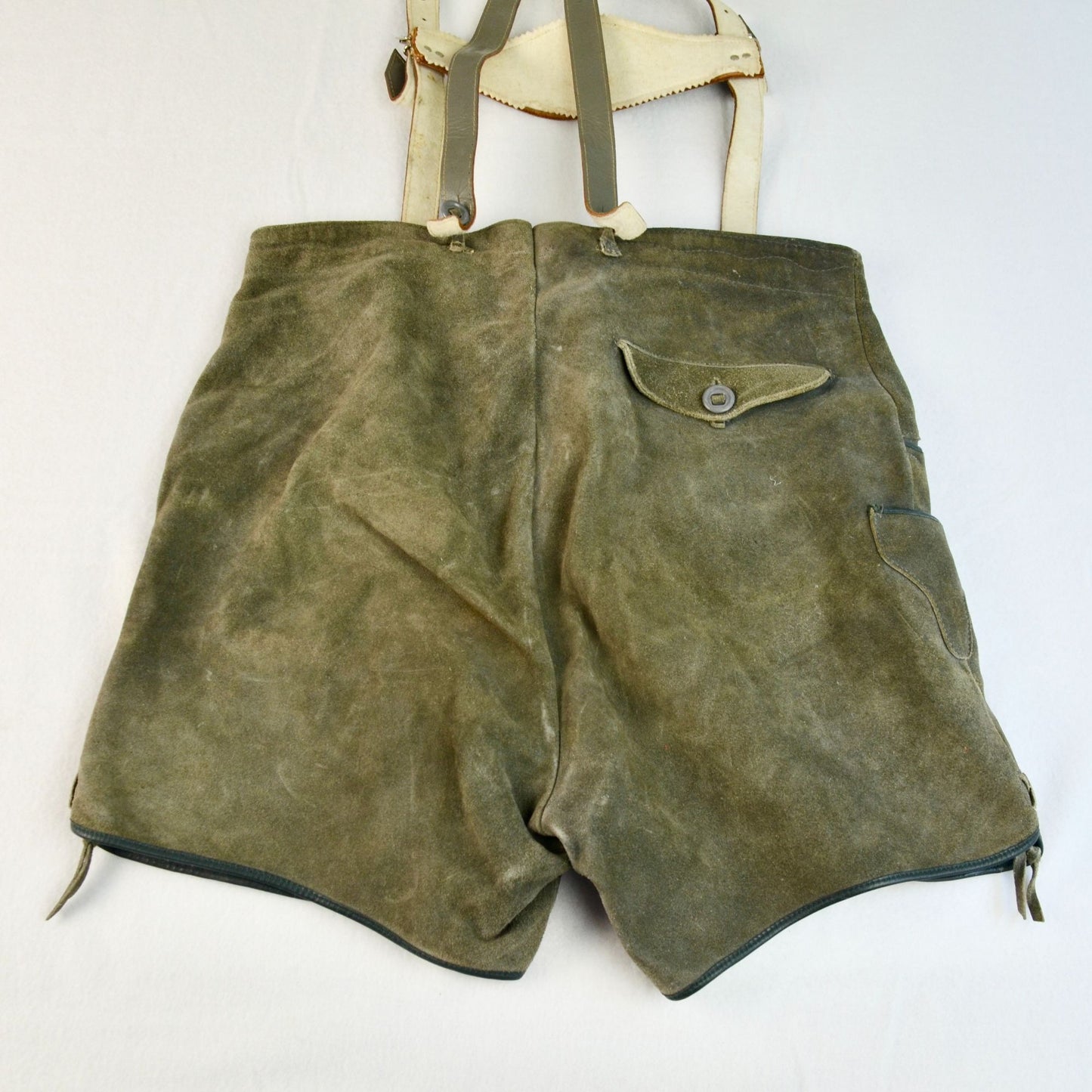 Lederhosen Men's Waist 33" Green Gray Vintage Suede Leather Suspenders Oktoberfest