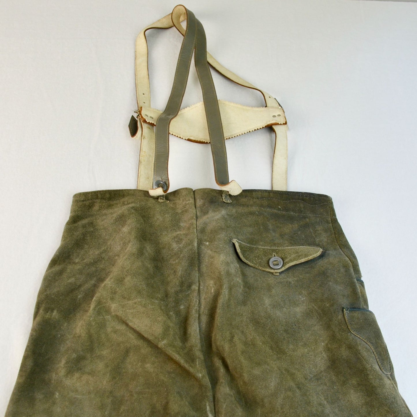 Lederhosen Men's Waist 33" Green Gray Vintage Suede Leather Suspenders Oktoberfest