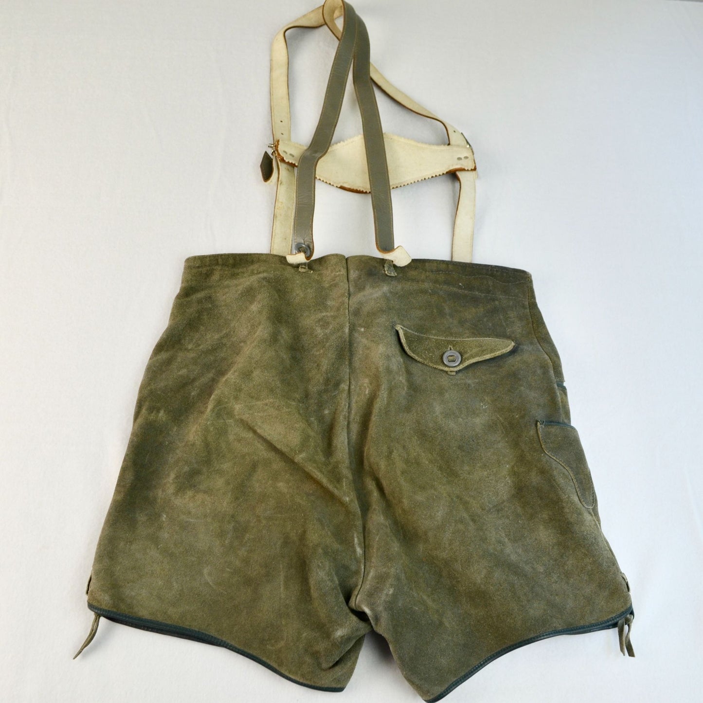 Lederhosen Men's Waist 33" Green Gray Vintage Suede Leather Suspenders Oktoberfest