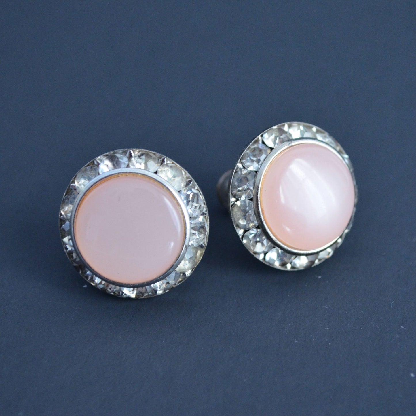 Vintage Pink Acrylic CZ Gemstone Circle Round Screw Back Earrings