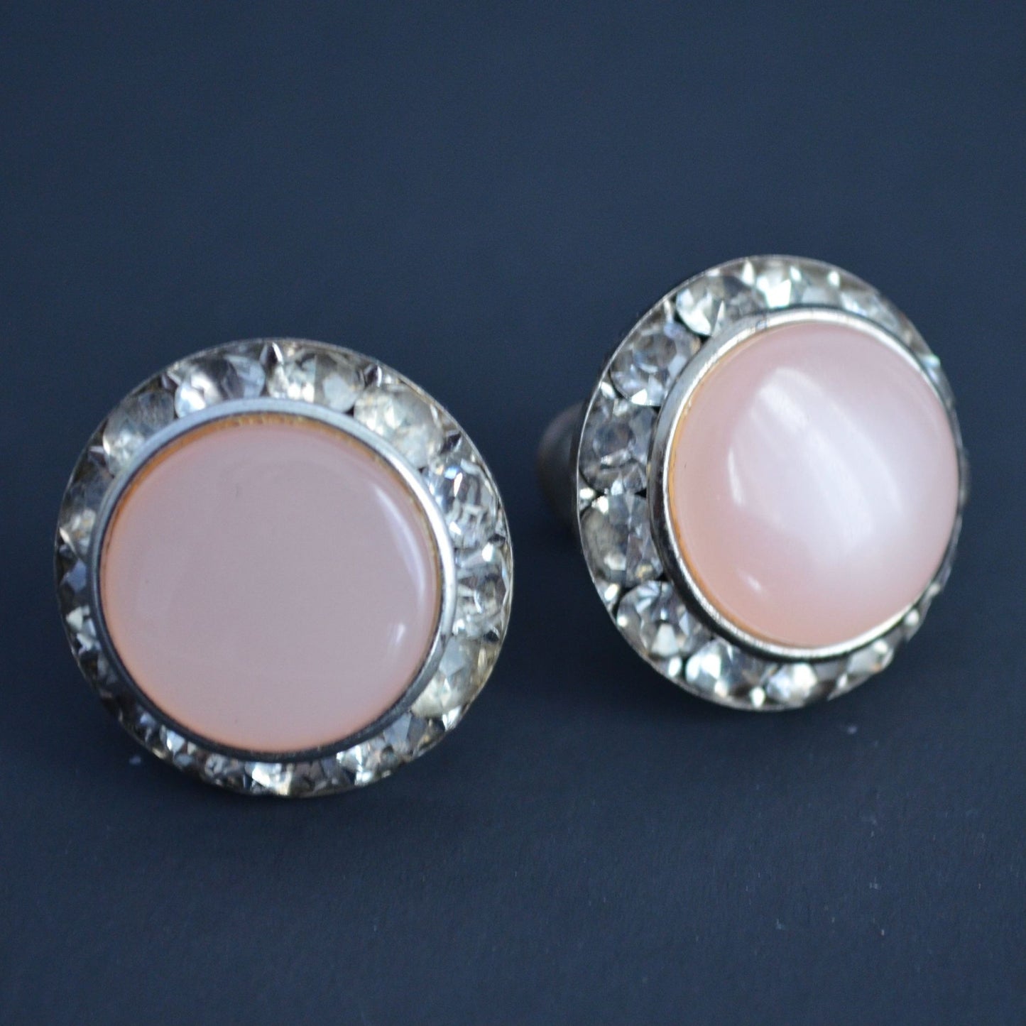 Vintage Pink Acrylic CZ Gemstone Circle Round Screw Back Earrings