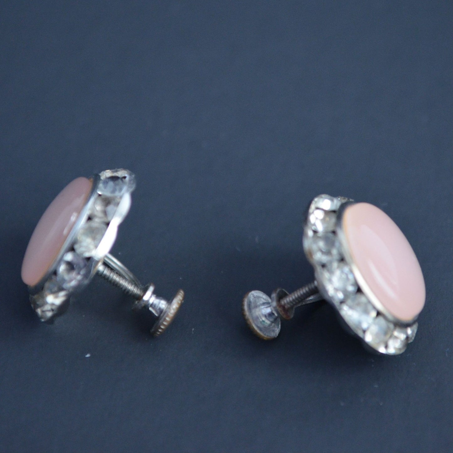 Vintage Pink Acrylic CZ Gemstone Circle Round Screw Back Earrings