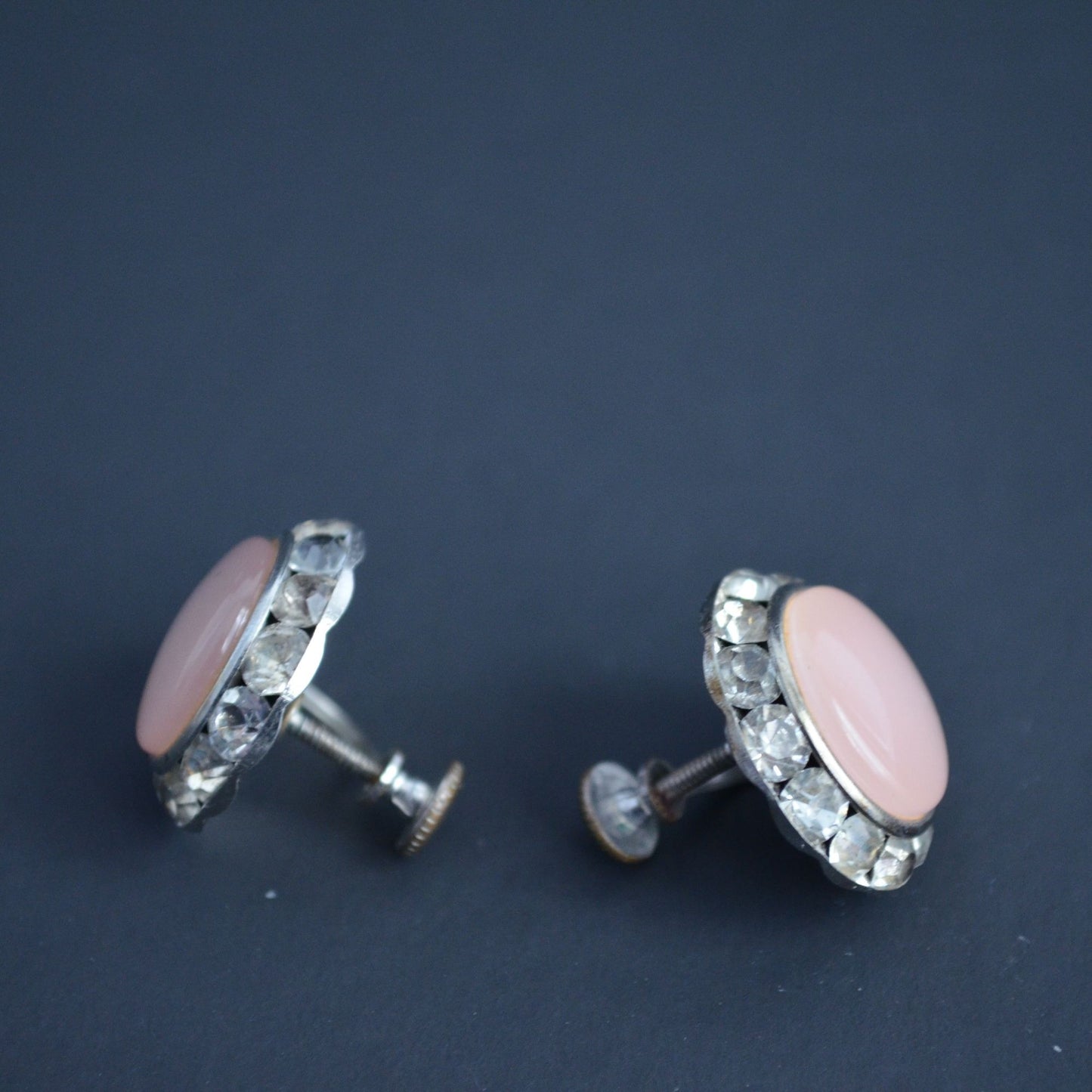 Vintage Pink Acrylic CZ Gemstone Circle Round Screw Back Earrings