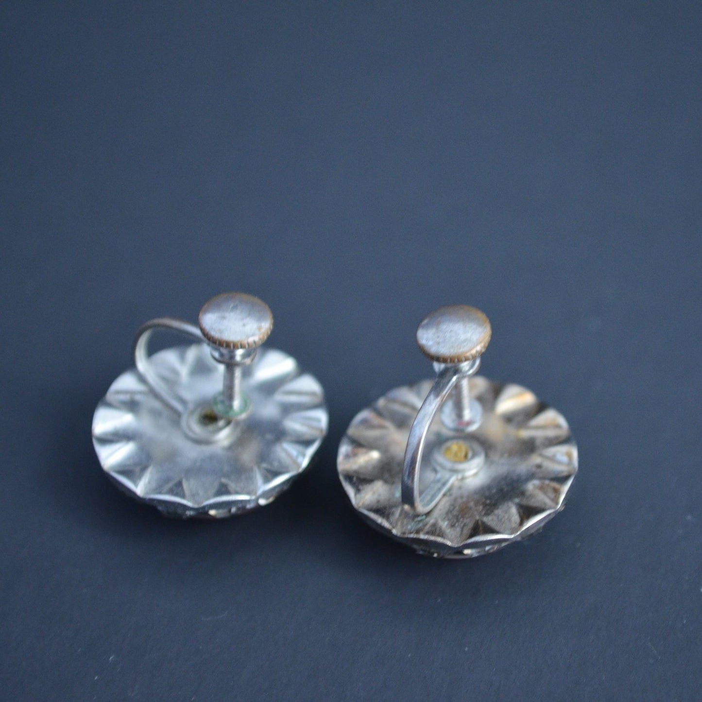 Vintage Pink Acrylic CZ Gemstone Circle Round Screw Back Earrings