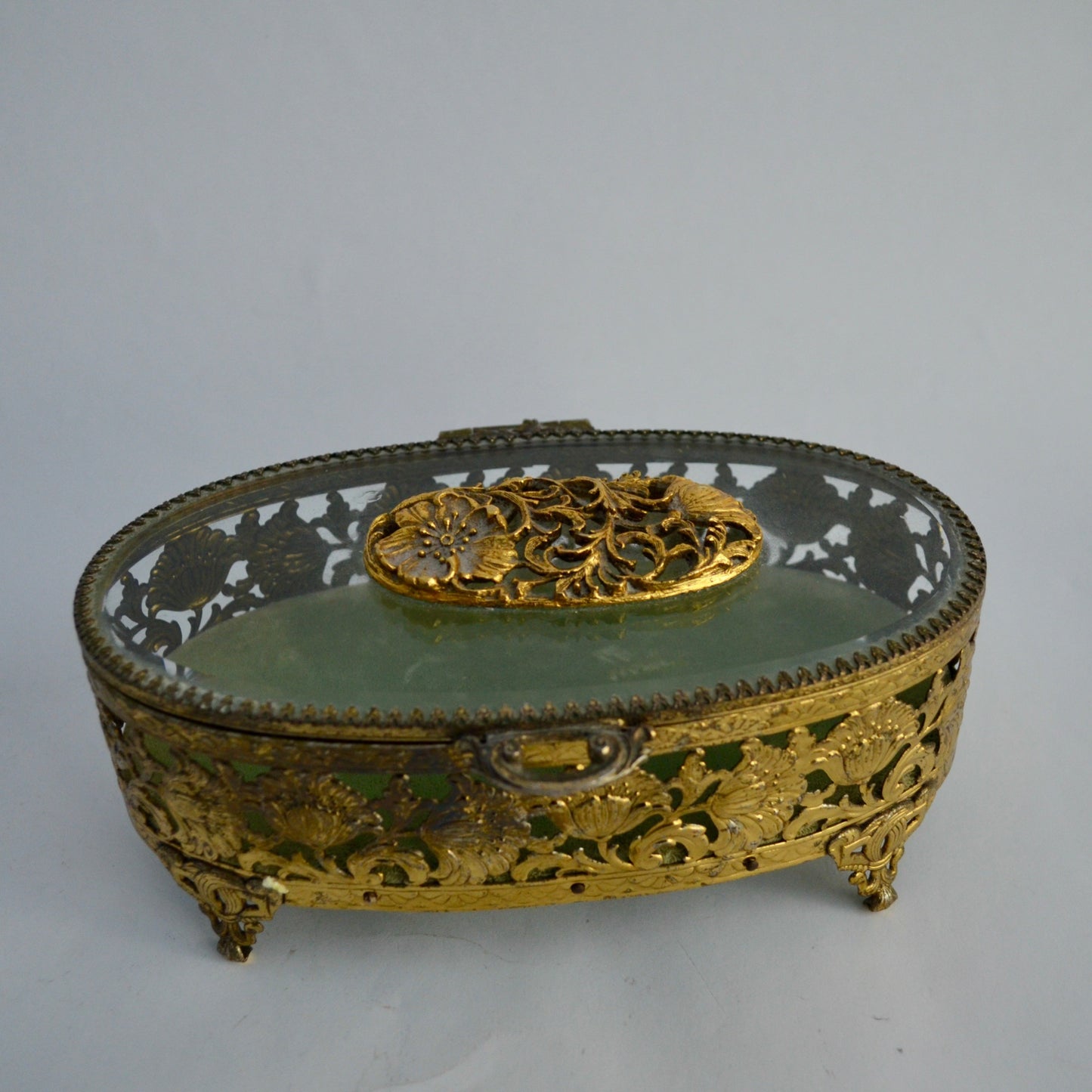 Matson Gold Ormulu Casket Oval Glass Jewelry Trinket Green Velvet Lined
