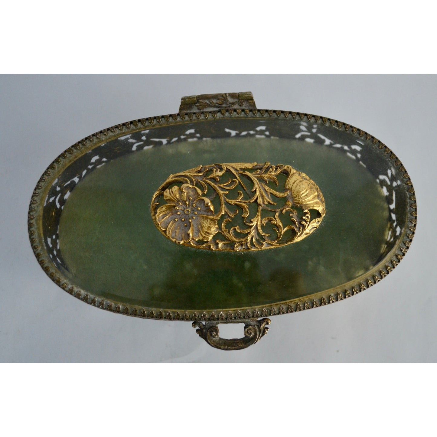 Matson Gold Ormulu Casket Oval Glass Jewelry Trinket Green Velvet Lined