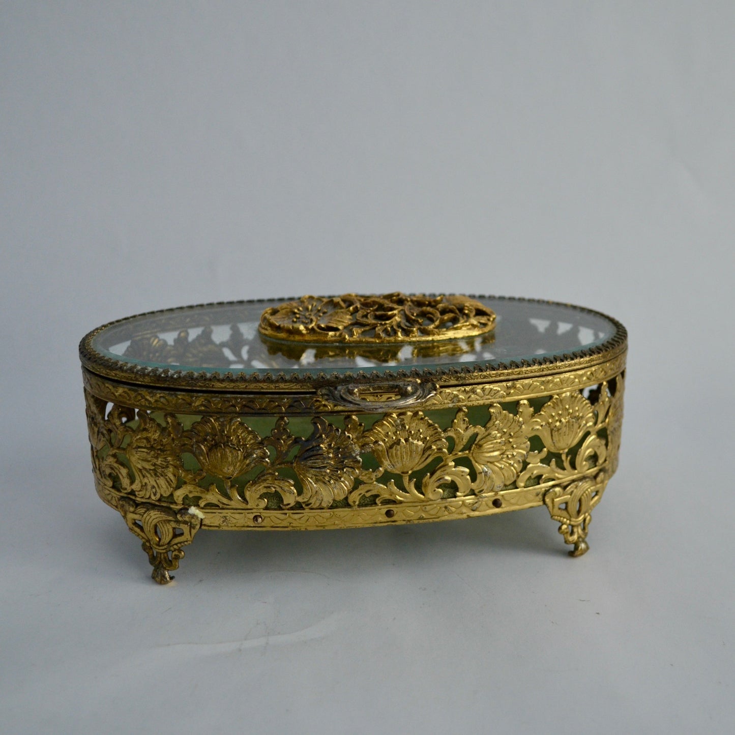 Matson Gold Ormulu Casket Oval Glass Jewelry Trinket Green Velvet Lined