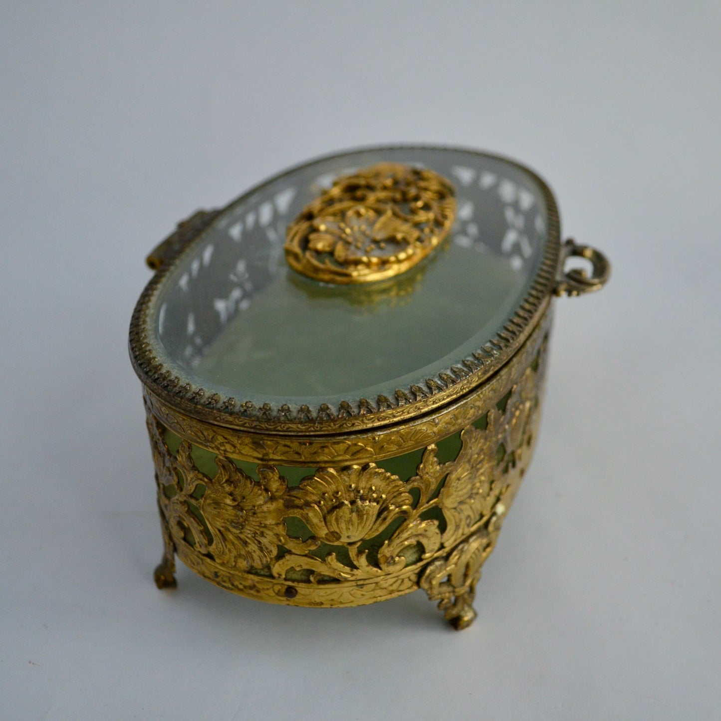 Matson Gold Ormulu Casket Oval Glass Jewelry Trinket Green Velvet Lined