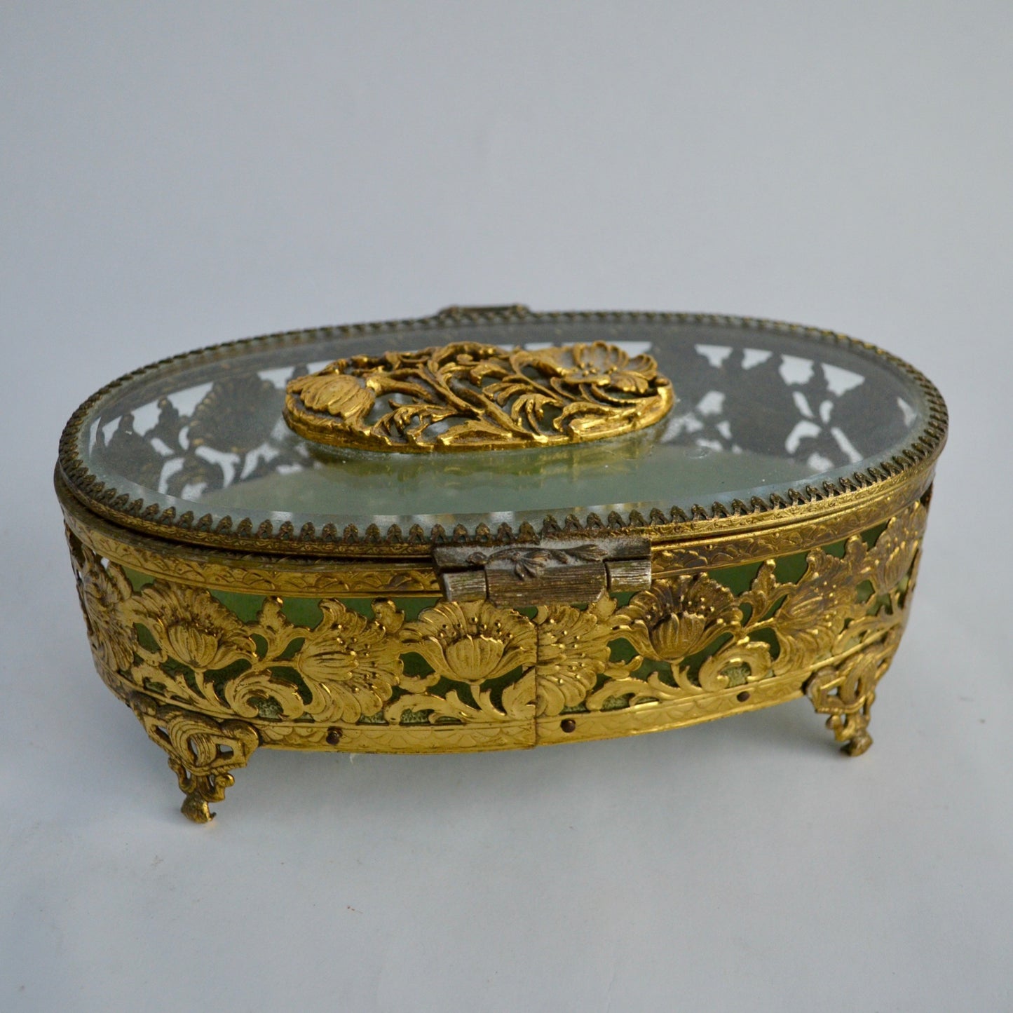 Matson Gold Ormulu Casket Oval Glass Jewelry Trinket Green Velvet Lined