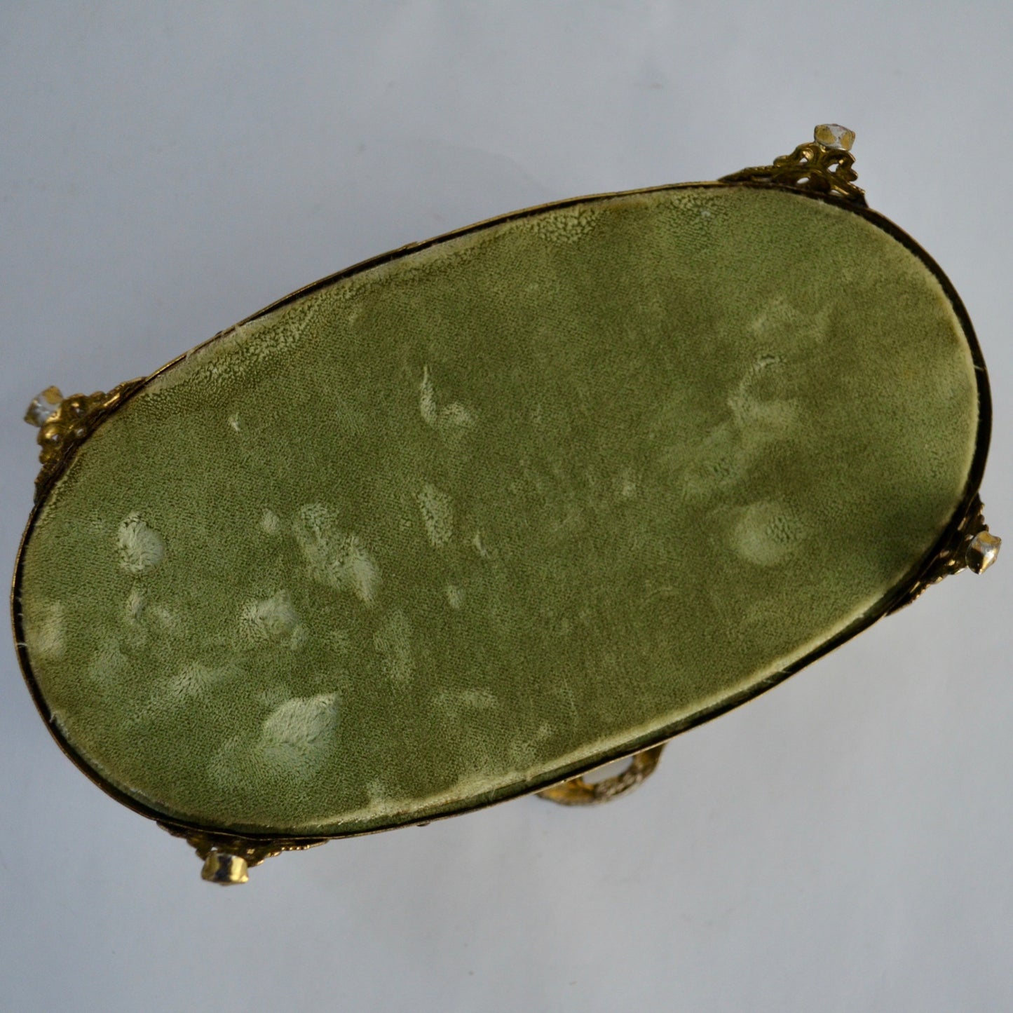 Matson Gold Ormulu Casket Oval Glass Jewelry Trinket Green Velvet Lined