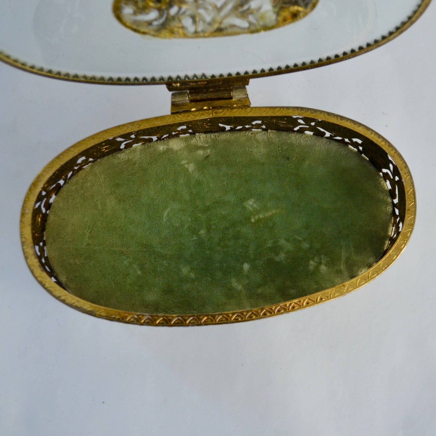 Matson Gold Ormulu Casket Oval Glass Jewelry Trinket Green Velvet Lined