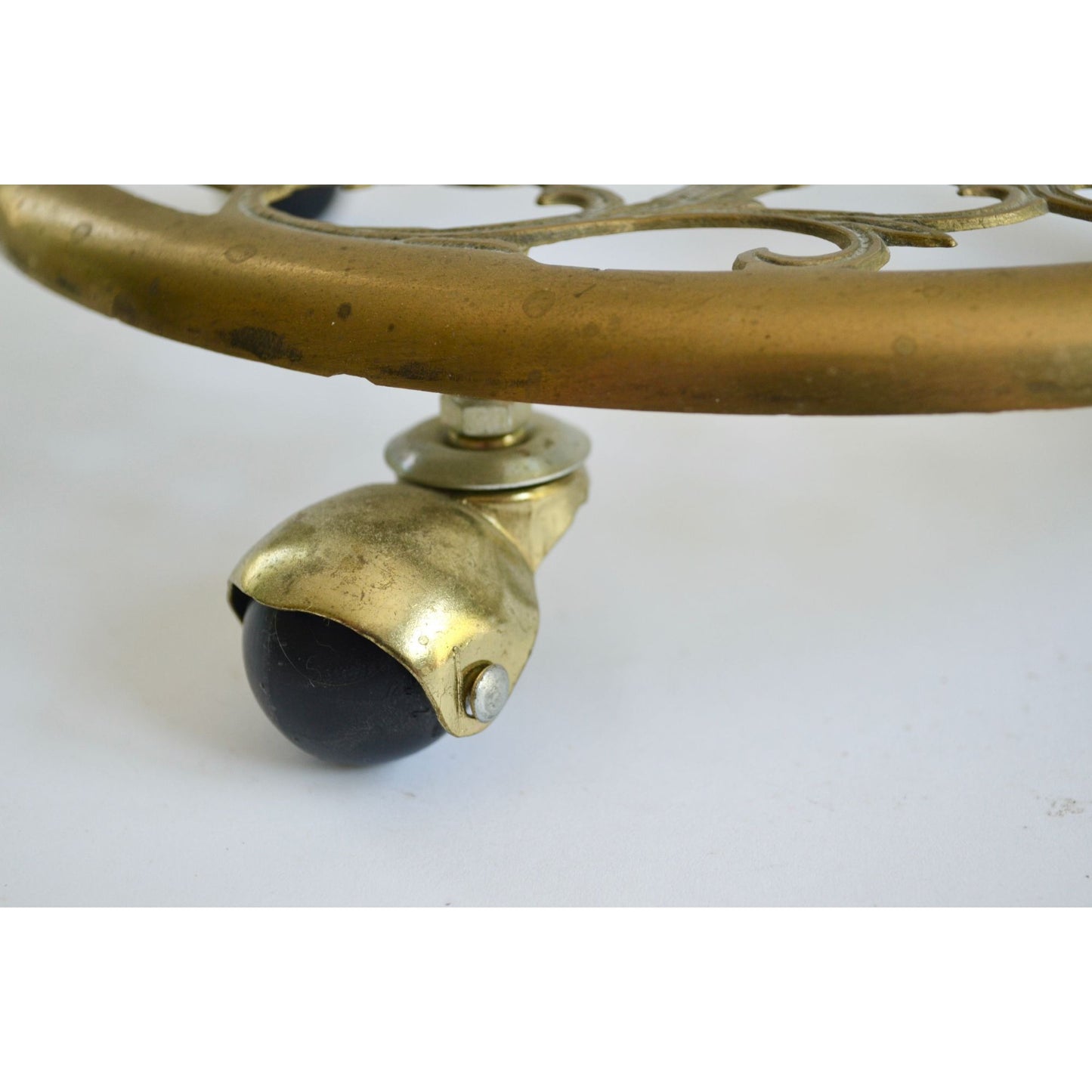 Vintage Brass Filigree Wheeled Plant Stand 11" Diameter